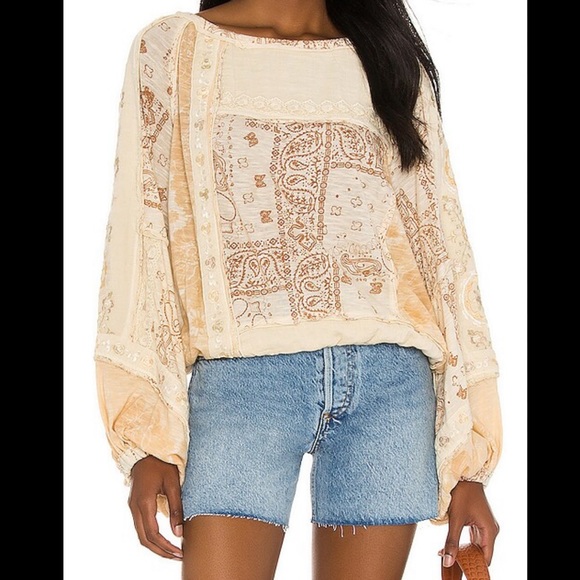 Free people Boom Boom Patchwork Embroidery Blouse Shirt Boho Neutral Open Back - Picture 4 of 13